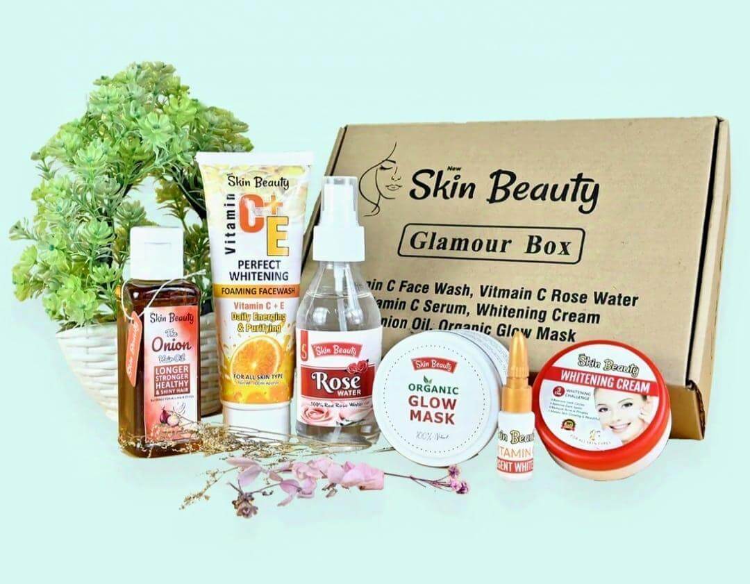 Skin Beauty Glamour Box featuring natural skincare and hair care products for radiant glow and healthy skin.