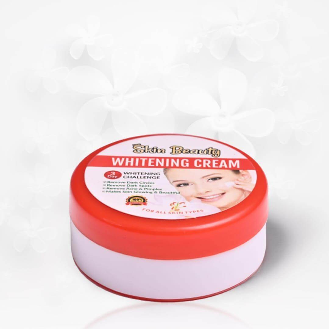 Skin Beauty Whitening Cream in red container, suitable for all skin types, promoting a brightening and nourishing skincare routine.